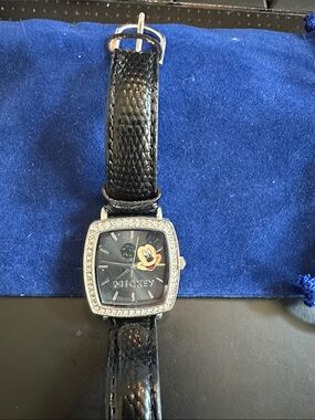 Disney Mickey Mouse Black Leather Strap Watch with Crystal Bezel